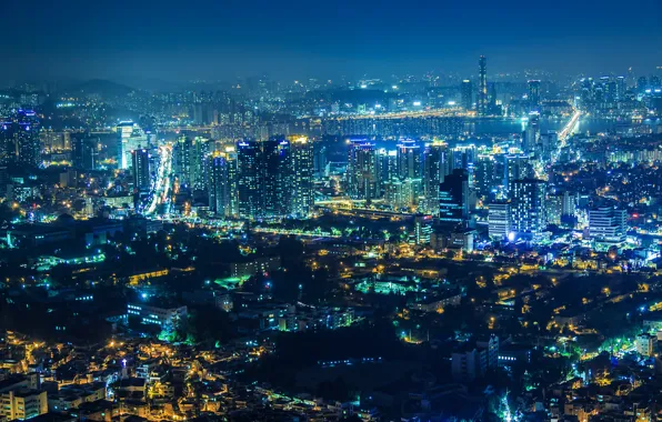 Картинка ночь, город, огни, вид, дома, панорама, небоскрёбы, Сеул