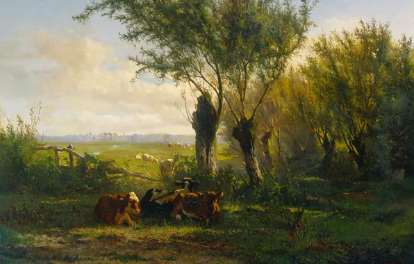 Пейзаж, масло, картина, холст, 1860, Albert Gerard Bilders, Альбертус Джерардус Билдерс, Пастбища в Остербеке