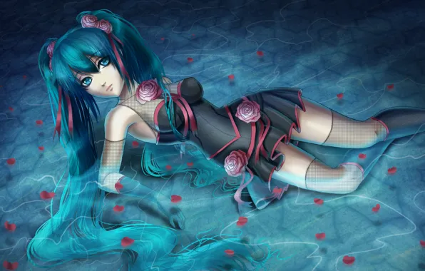 Картинка вода, девушка, цветы, розы, лепестки, арт, vocaloid, Hatsune Miku