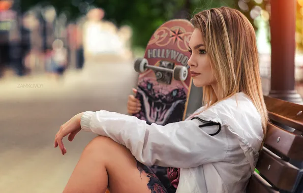 Картинка девушка, поза, рука, профиль, скейтборд, Артём Замковой