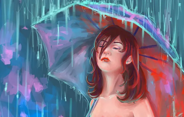 Взгляд, девушка, лицо, зонтик, дождь, волосы, арт, живопись