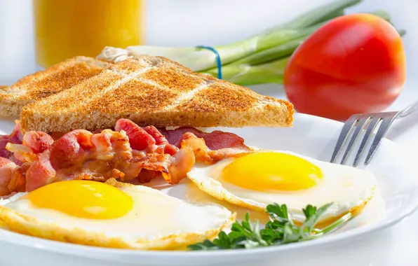 Завтрак, яичница, тосты, breakfast, ветчина, tomato, ham, toasted