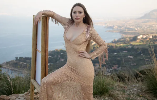 Cleavage, sky, long hair, nature, boobs, model, awesome, brunette