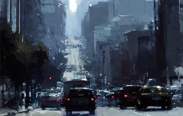 Дорога, машины, город, улица, светофор, полдень, jeremy mann, midday on bush street
