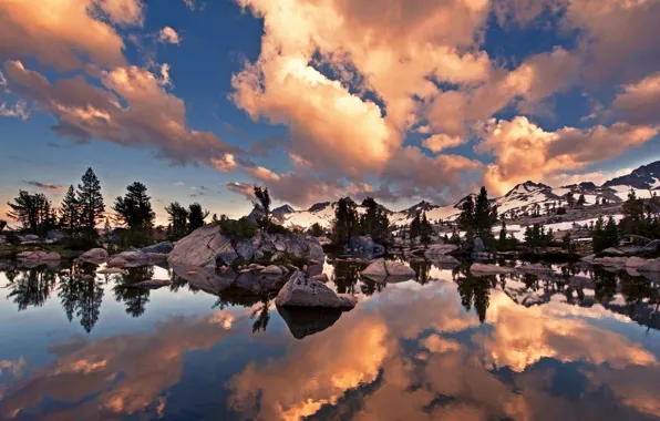 Картинка облака, деревья, озеро, скалы, Калифорния, США, John Muir Trail