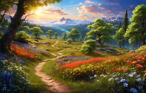 Картинка trees, landscape, sunrise, path