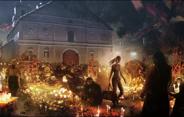 Картинка девушка, ночь, люди, здание, Shadow of the Tomb Raider