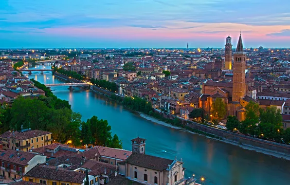 Город, река, фото, горизонт, Италия, сверху, мегаполис, Verona