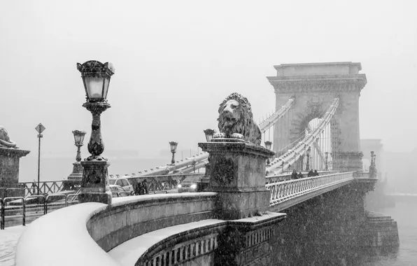 Картинка зима, снег, мост, лев, архитектура