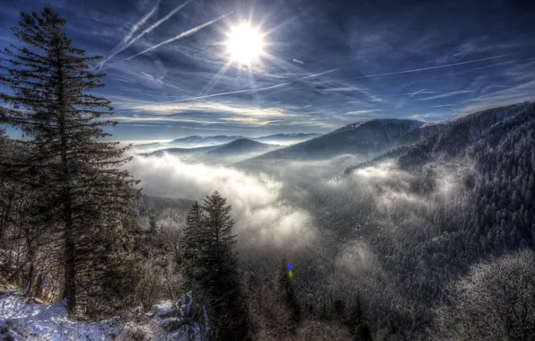 Картинка Clouds, Sun, Snow, Mountains, Forest, Trees, Sunrays