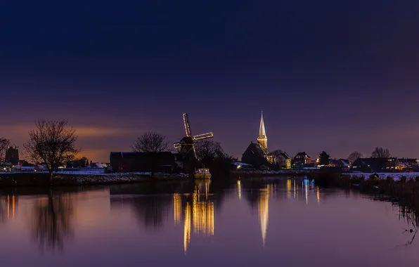 Зима, ночь, огни, канал, Нидерланды, ветряная мельница