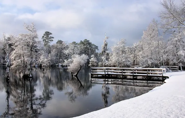 Картинка зима, пейзаж, мост, озеро