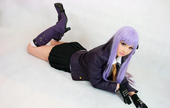 School uniform, model, women, cosplay, black panties, purple hair, Kirigiri Kyouko, Danganronpa