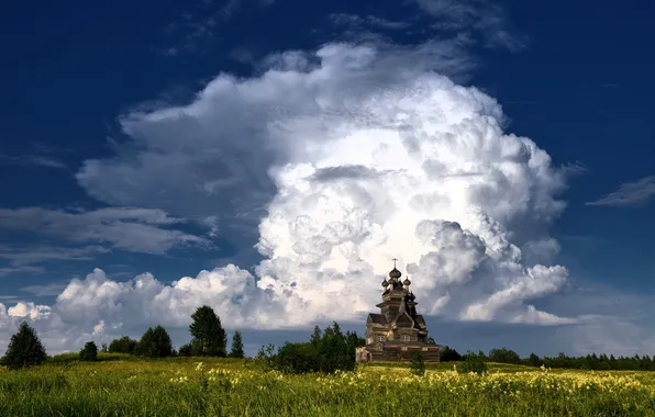 Небо, облака, деревья, церковь, Россия, роща, луга