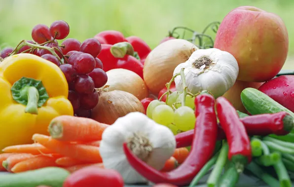 Картинка макро, яблоко, еда, лук, виноград, перец, фрукты, овощи