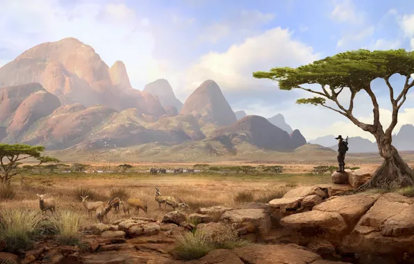 Картинка горы, путник, Solomon Kane, Africa Landscape, sabana