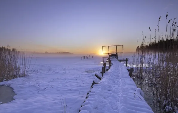 Картинка зима, мост, озеро, утро