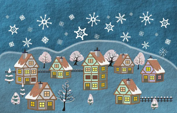 Деревья, праздник, дома, Новый Год, Happy New Year, снегопад, с новым годом, Merry Christmas