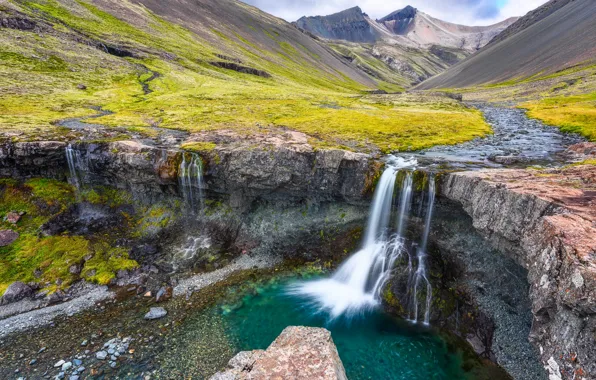 Горы, ручей, камни, водопад, долина, Iceland