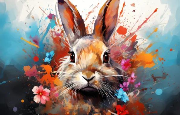Картинка картина, зайчик, природа, ИИ-арт, кролик, живопись, мордашка, акварель