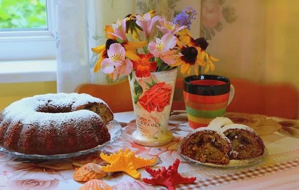 Картинка Цветы, Ваза, Чашка, Flowers, Cake, Vase, Пирог