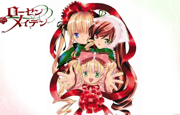 Улыбка, белый фон, бант, чепчик, rozen maiden, трое, разные глаза, shinku