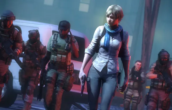 Девушка, пистолет, улица, блондинка, солдаты, resident evil, capcom, sherry birkin