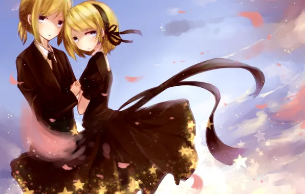Небо, девушка, парень, двое, Vocaloid, Вокалоид, Кагомине Лен, Кагомине Рин