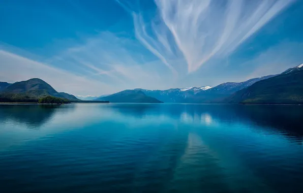 Картинка небо, облака, снег, горы, озеро, отражение, синие, lake