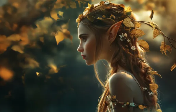 Girl, fantasy, leaves, digital art, artwork, fantasy art, fall, Elf