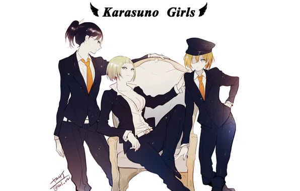 Девушки, кресло, трио, Волейбол, Haikyuu, девушки из Карасуно