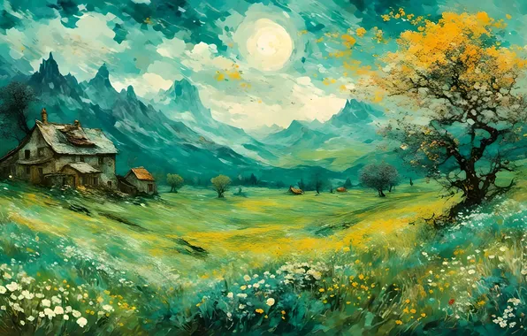 Зелень, поле, лето, облака, пейзаж, цветы, горы, природа