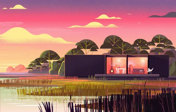 Берег, камыш, строение, водоём, Nomadic Homes Illustrations