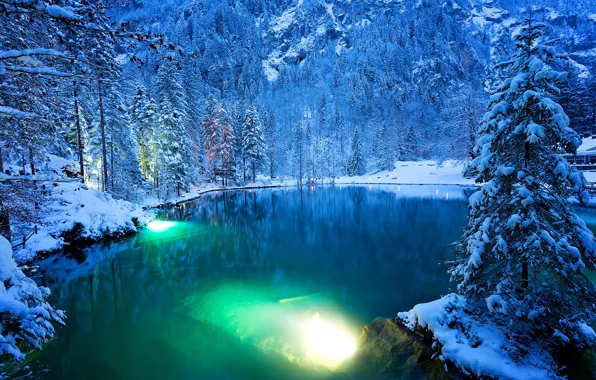 Зима, лес, вода, снег, деревья, горы, огни, озеро