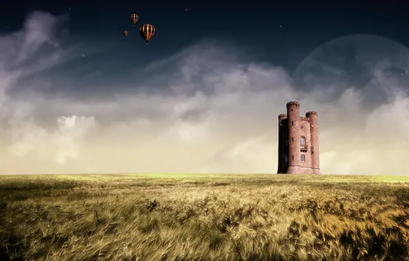 Картинка поле, воздушный шар, замок, планета, горизонт