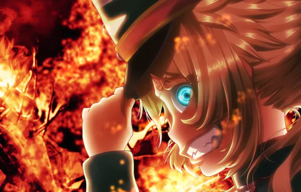 Fire, flame, girl, soldier, military, war, smile, anime