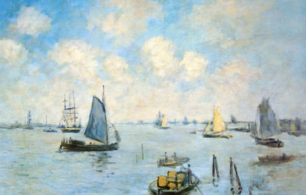 Картинка лодка, корабль, картина, парус, морской пейзаж, Клод Моне, Море в Амстердаме