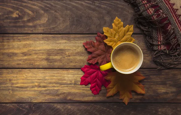 Картинка осень, листья, фон, дерево, кофе, colorful, шарф, чашка