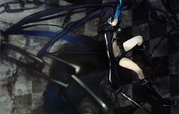 Девушка, оружие, магия, меч, цепи, black rock shooter, шрам, art