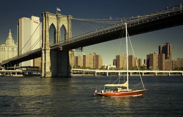 Река, здания, Нью-Йорк, яхта, Бруклинский мост, New York City, Brooklyn Bridge, East River