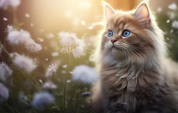 Кошка, взгляд, свет, цветы, поза, котенок, портрет, голубые глаза