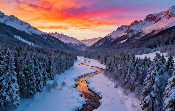Картинка ice, forest, river, landscape, nature, winter, snow