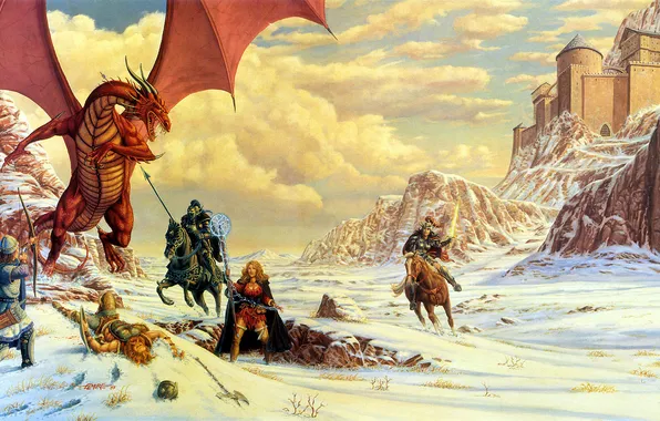 Картинка Горы, Дракон, Замок, Магия, Битва, Воины, Воители, Larry Elmore