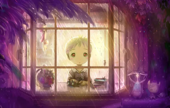 Картинка Мальчик, Дождь, Окно