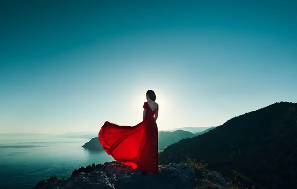 Картинка девушка, озеро, ветер, спина, платье, Oleg Gekman