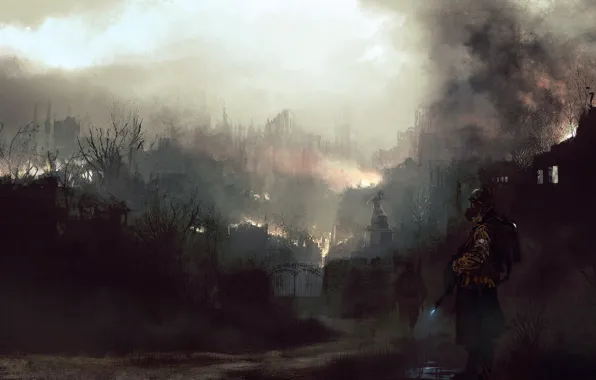 Картинка город, пожар, огонь, рисунок, солдаты, сюжетность
