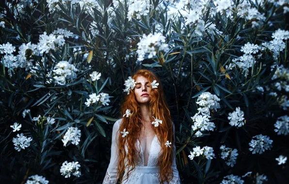 Девушка, цветы, декольте, прелесть, рыжеволосая, Ronny Garcia, Light my soul in the white night