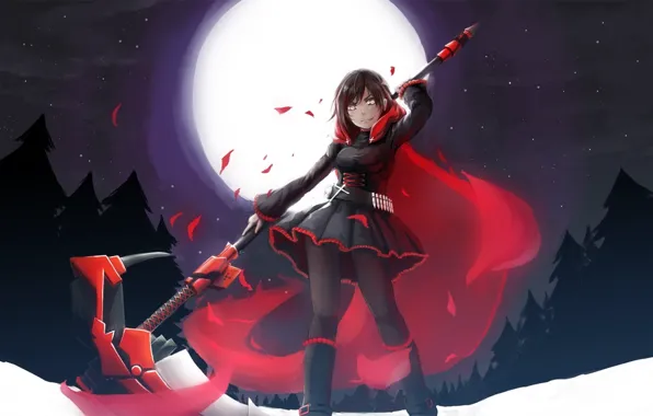 Girl, moon, dress, trees, weapon, anime, snow, cartoon