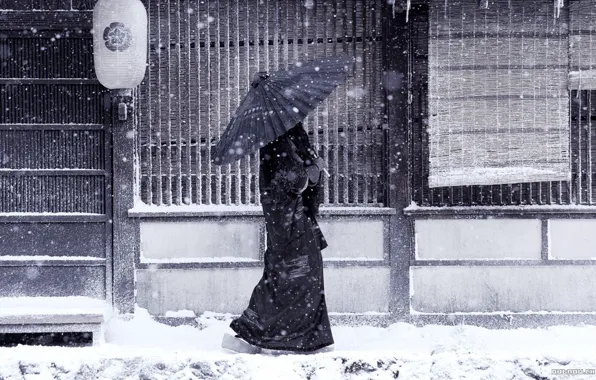 Картинка снег, японка, зонт