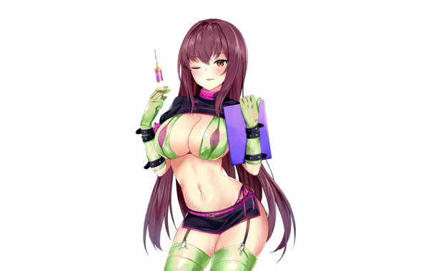 Girl, sexy, bra, cleavage, thighhighs, long hair, boobs, anime